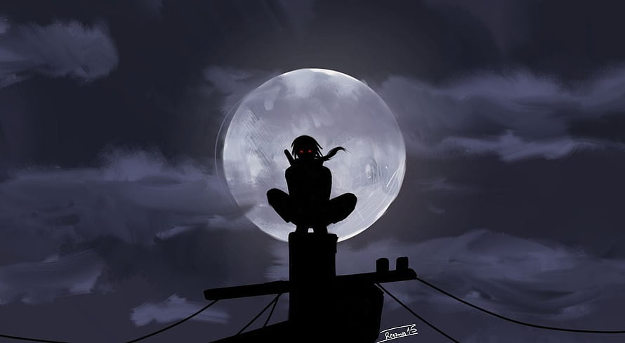 Silhouette of anime character with glowing red eyes sitting on rooftop against full moon HD wallpaper