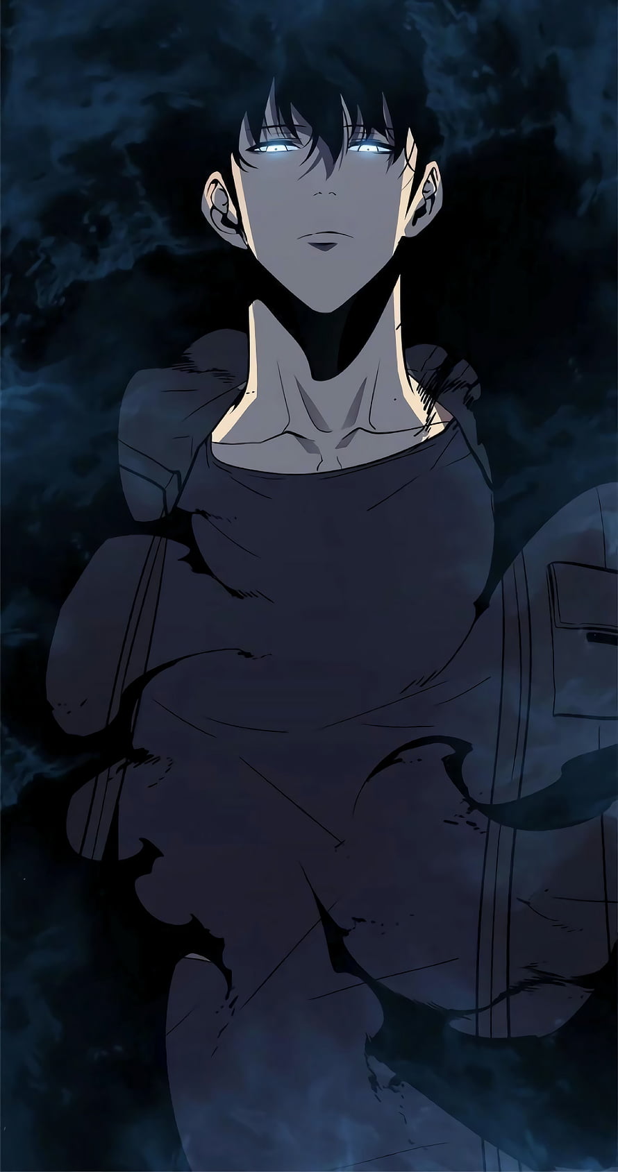 Anime Male Character With Glowing White Eyes In Dark Blue Atmosphere HD phone wallpaper