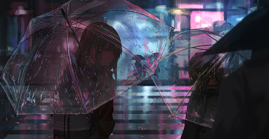 Anime Girl Under Transparent Umbrella in Rainy Neon City Street HD wallpaper
