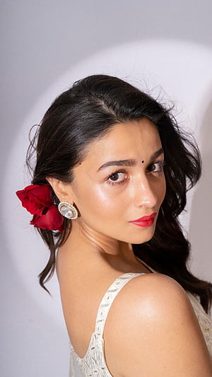 Alia Bhatt Portrait With Red Rose Hair Accessory And Pearl Earrings HD phone wallpaper