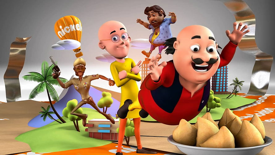 Motu Patlu animated characters with samosas and police officer in colorful 3D cartoon scene HD wallpaper