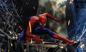 Spider-Man crouching on debris in a city with smoke and sparks, Video game, Spider-Man PS4 HD wallpaper