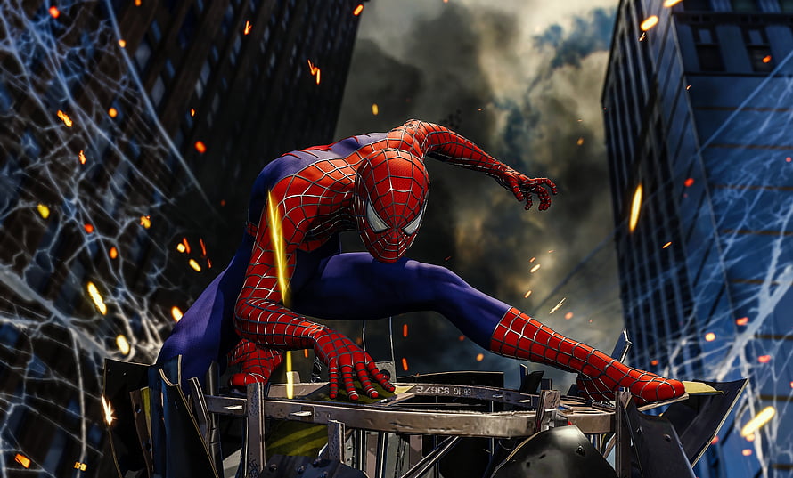 Spider-Man crouching on debris in a city with smoke and sparks, Video game, Spider-Man PS4 HD wallpaper