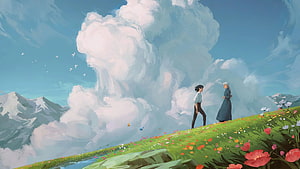 Two figures walking on a grassy hill with wildflowers under a massive cloud formation and mountains HD wallpaper