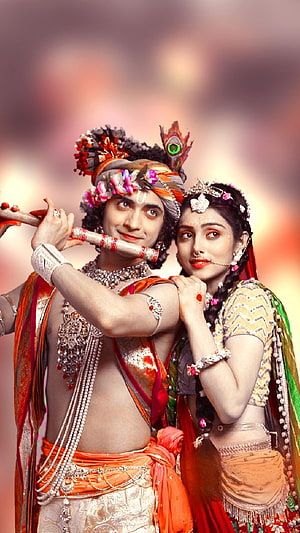 Radha Krishna Couple Portrait With Flute And Peacock Feather Crown HD phone wallpaper