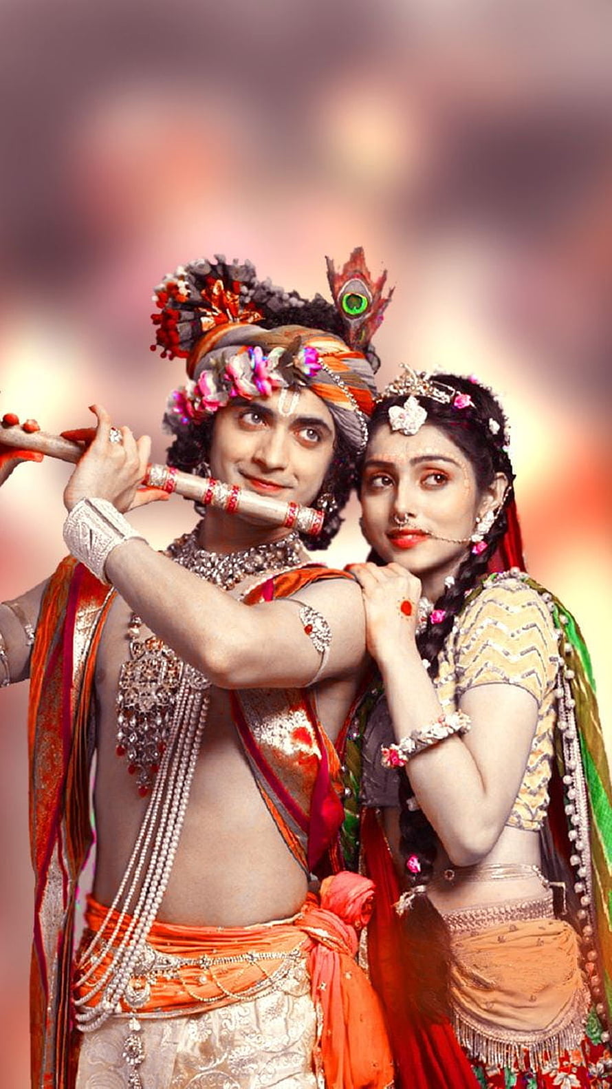 Radha Krishna Couple Portrait With Flute And Peacock Feather Crown HD phone wallpaper