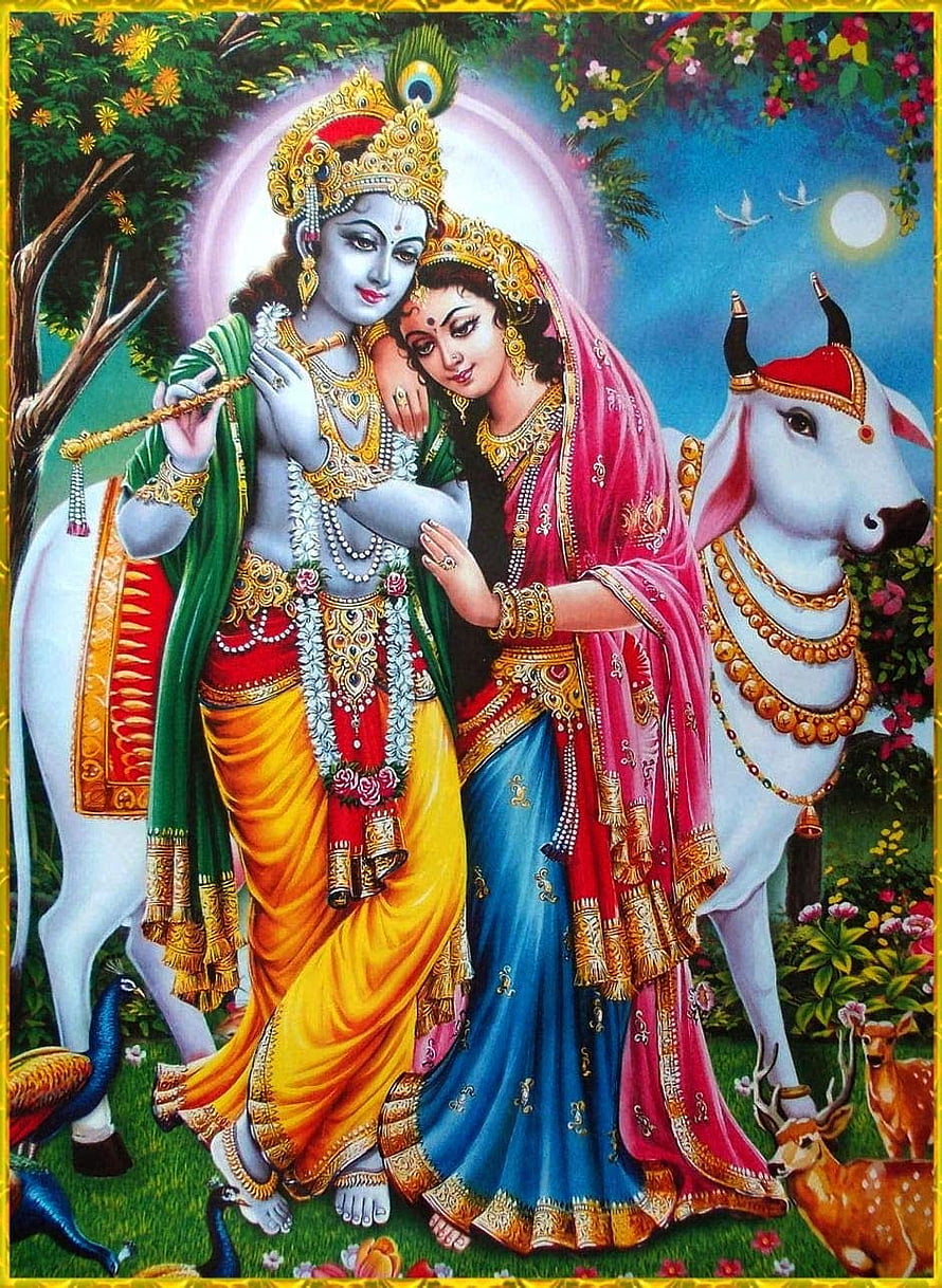Radha Krishna with White Cows in a Lush Garden, Traditional Indian Devotional Art HD phone wallpaper