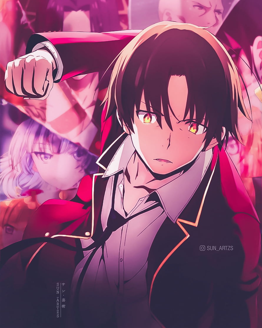Anime boy with glowing red eyes and black hair in a dramatic pink and purple scene HD phone wallpaper
