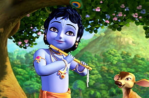Little Krishna Playing Flute in a Lush Green Forest with a Deer HD wallpaper