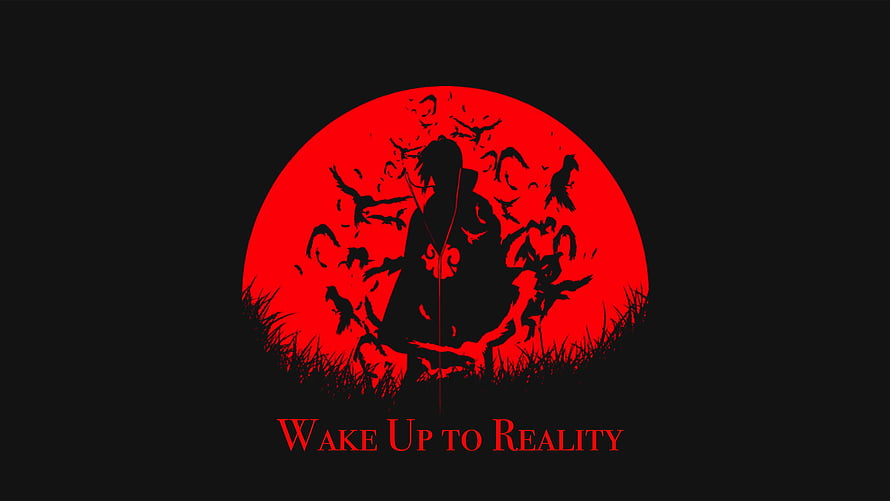 Itachi Uchiha Silhouette Against Red Moon With Crows And Wake Up To Reality Quote HD wallpaper