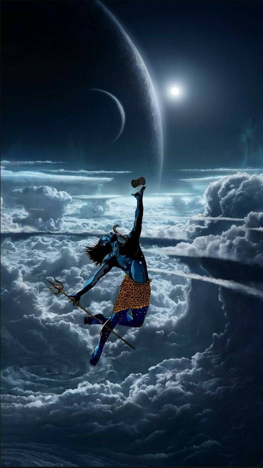 Blue Avatar Character Leaping Through Clouds With Trident Under Giant Planet HD phone wallpaper
