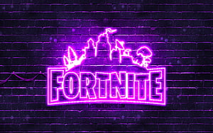 Fortnite Neon Logo Glowing in Purple on a Dark Brick Wall HD wallpaper