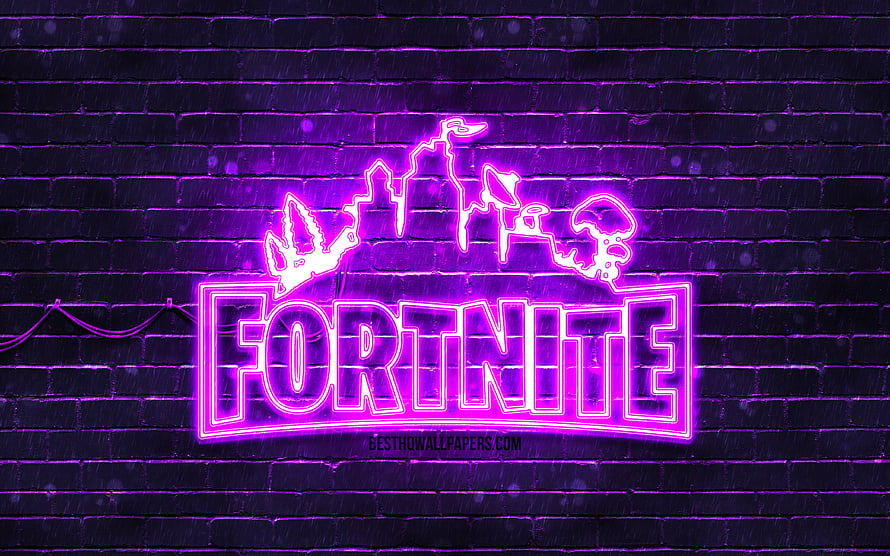 Fortnite Neon Logo Glowing in Purple on a Dark Brick Wall HD wallpaper