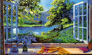 Serene Window View of River Valley with Bluebells and Books HD wallpaper
