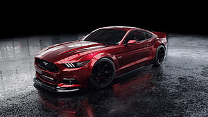 Red Ford Mustang GT500 Muscle Car on Wet Asphalt HD wallpaper