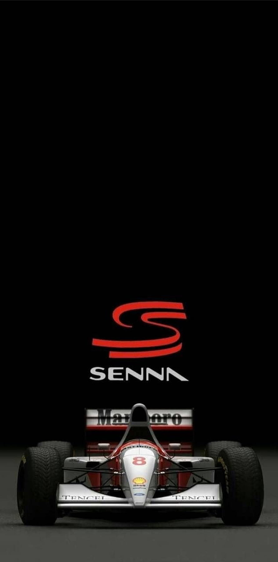 Ayrton Senna Legacy Logo with Classic McLaren Formula One Race Car on Black Background HD phone wallpaper