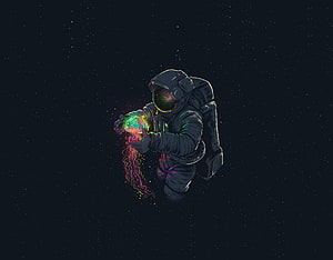 Astronaut Holding Glowing Jellyfish in Deep Space Illustration HD wallpaper
