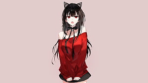 Anime Girl With Black Cat Ears Wearing Red Off Shoulder Top HD wallpaper