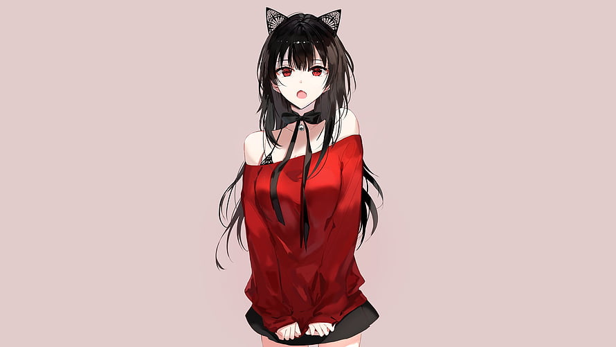 Anime Girl With Black Cat Ears Wearing Red Off Shoulder Top HD wallpaper