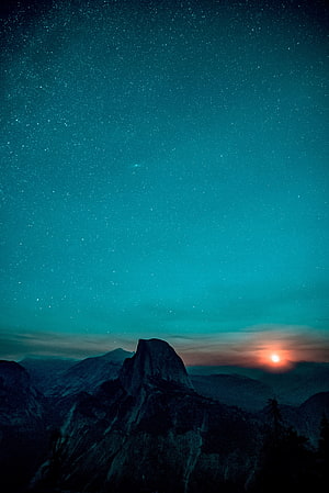 Yosemite Valley at Dawn with a Star-Filled Teal Sky and a Glowing Sunrise Over the Peaks HD phone wallpaper