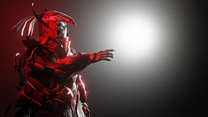 Blood Raven X Suit Character Concept Art with Dramatic Red Lighting HD wallpaper