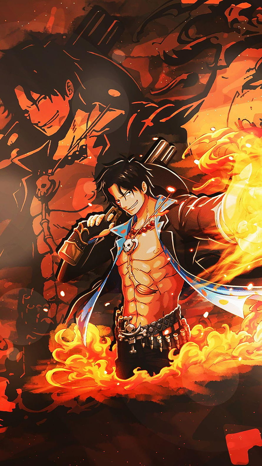 Portgas D. Ace from One Piece wielding fire powers in a dynamic anime illustration HD phone wallpaper