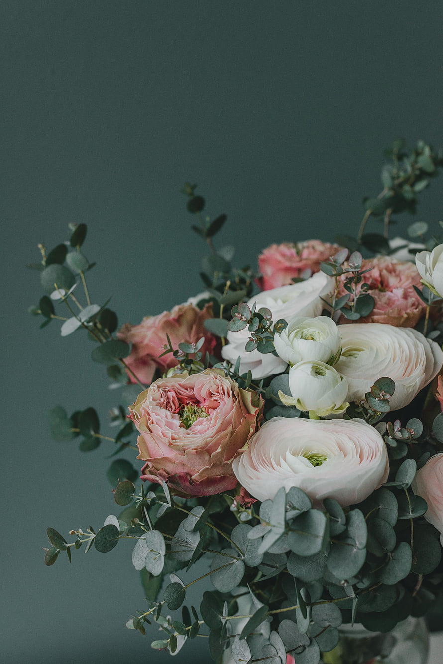 Elegant Pink and White Garden Rose Bouquet with Eucalyptus Foliage on Dark Background HD phone wallpaper