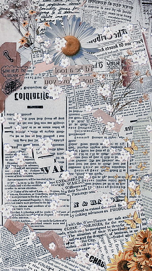 Vintage Newspaper Collage with Dried Flowers and Paper Butterflies HD phone wallpaper