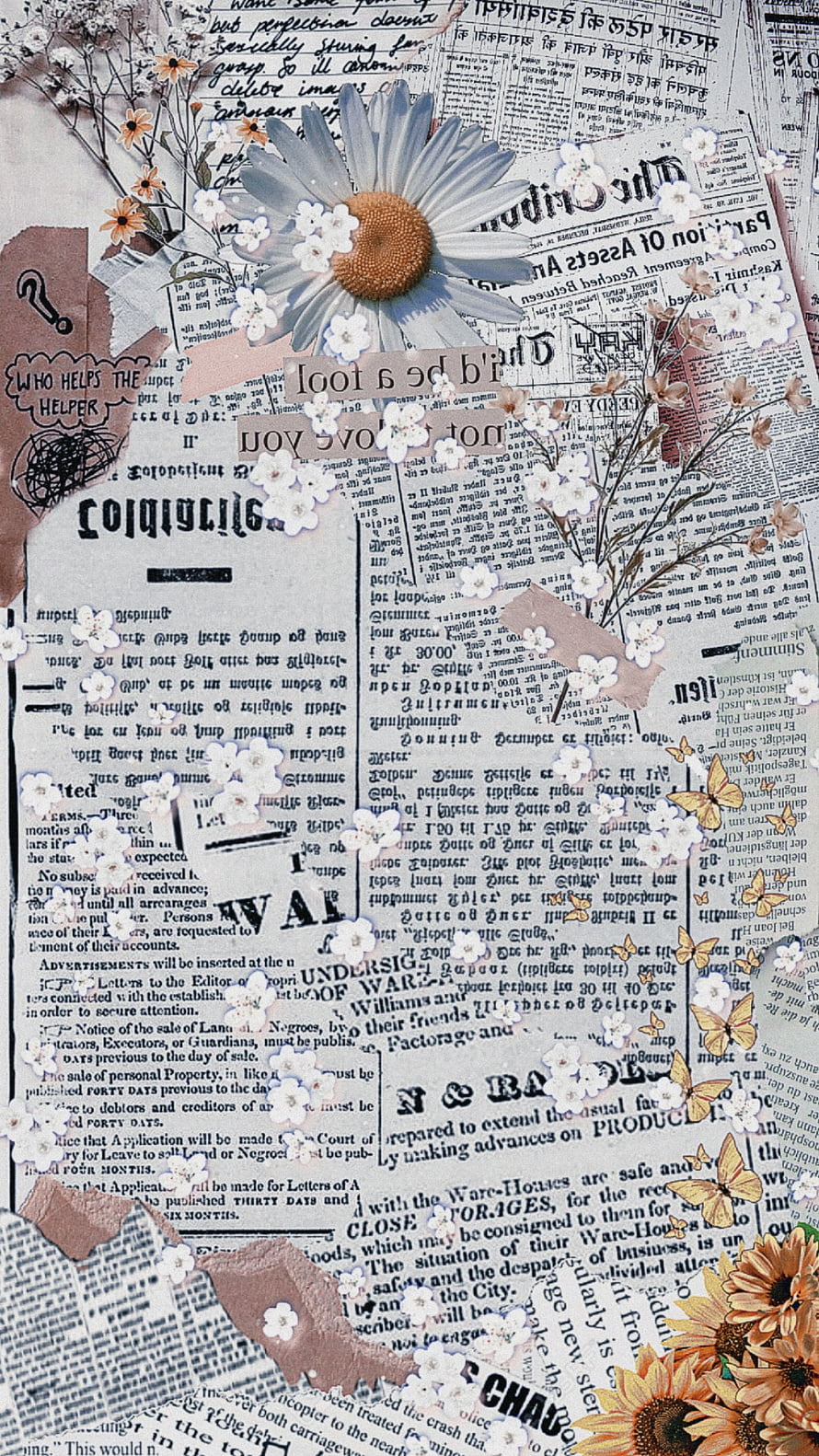 Vintage Newspaper Collage with Dried Flowers and Paper Butterflies HD phone wallpaper