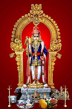 Lord Hanuman Standing with Mace and Dhwaja in Ornate Golden Archway, Palani Murugan Raja Alankaram - - - Tip, Murugan Temple HD phone wallpaper