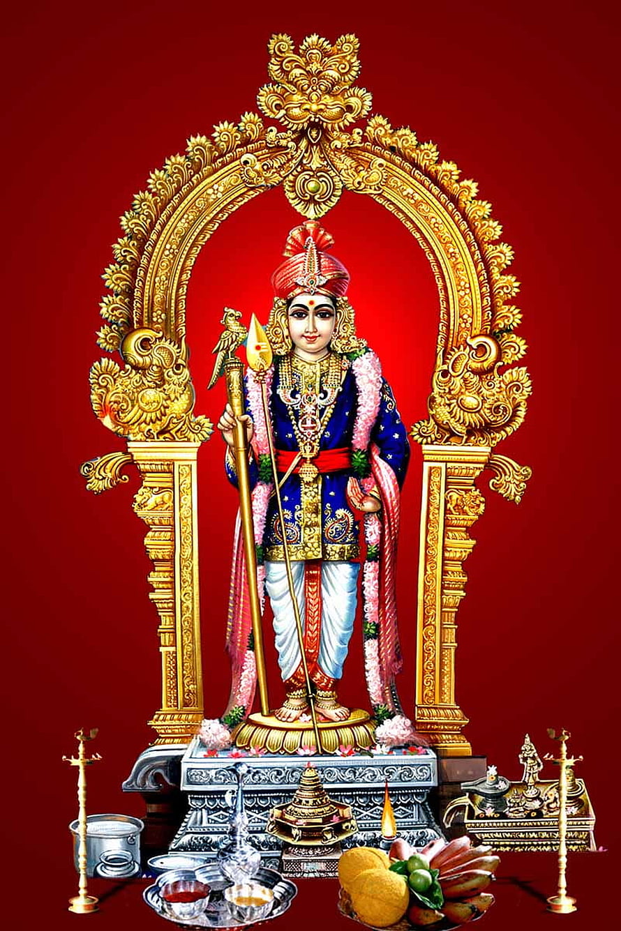 Lord Hanuman Standing with Mace and Dhwaja in Ornate Golden Archway, Palani Murugan Raja Alankaram - - - Tip, Murugan Temple HD phone wallpaper