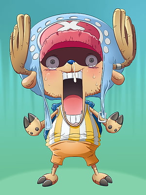 Tony Chopper from One Piece in a comical shocked expression with wide open mouth and raised hands HD phone wallpaper