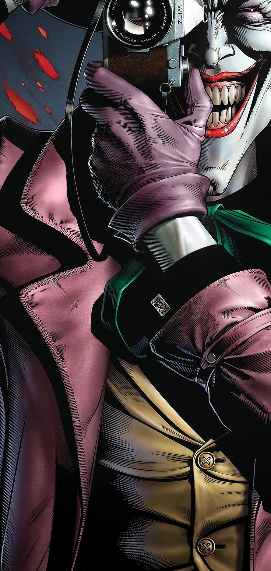 The Joker holding a camera with a sinister grin in a comic book art style HD phone wallpaper