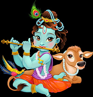 Cute Baby Krishna Playing Flute With Cow And Peacock Digital Art Illustration HD phone wallpaper