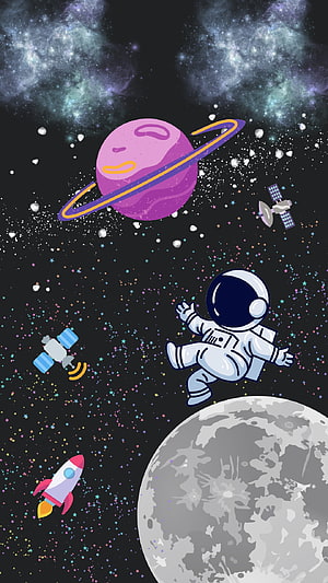 Cute Astronaut Floating in Space with Purple Planet and Moon Illustration HD phone wallpaper
