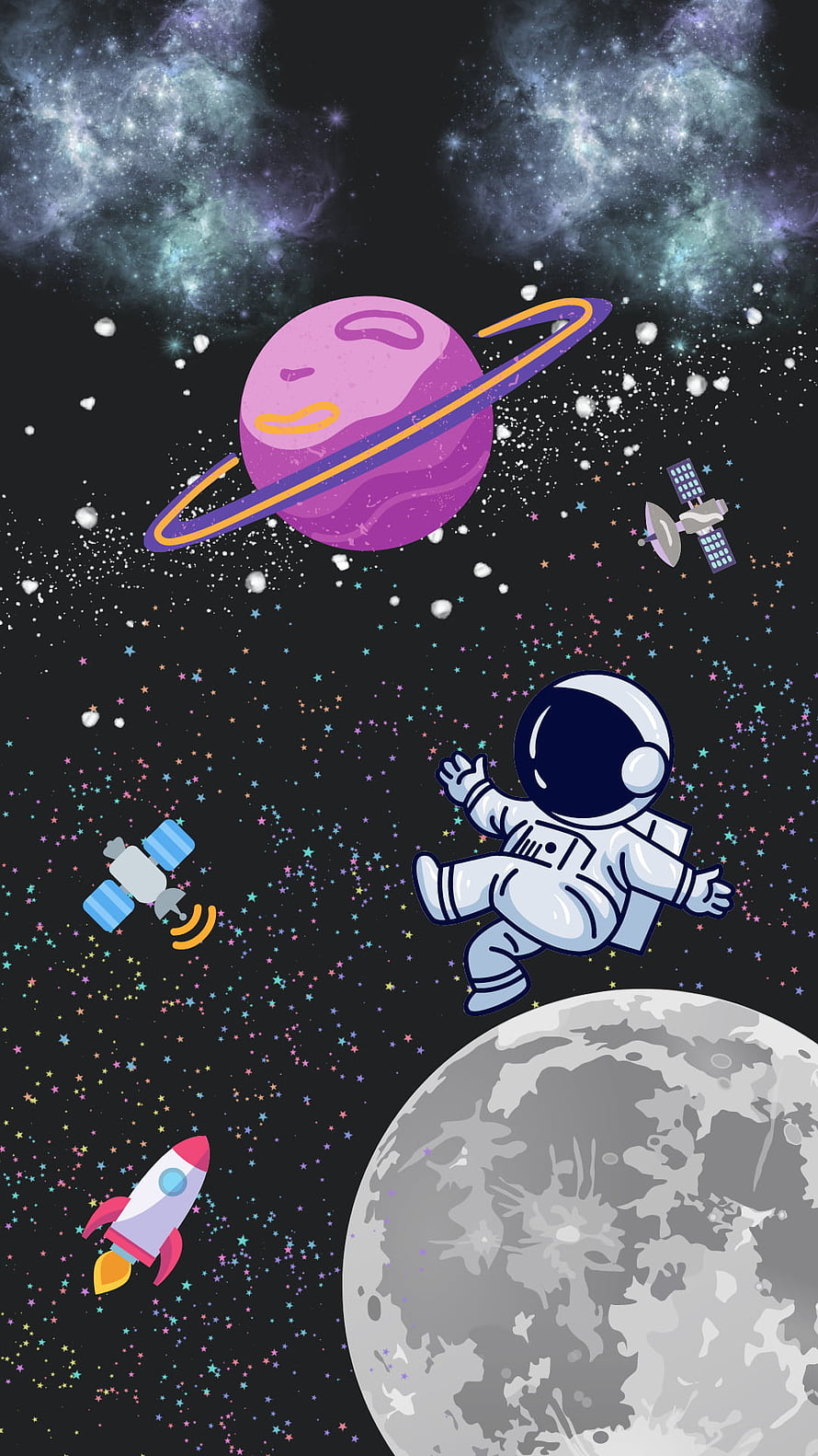 Cute Astronaut Floating in Space with Purple Planet and Moon Illustration HD phone wallpaper