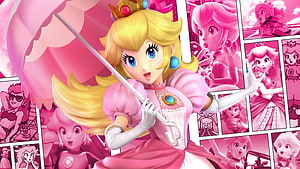 Princess Peach in Pink Dress Holding Parasol with Comic Panel Background HD wallpaper