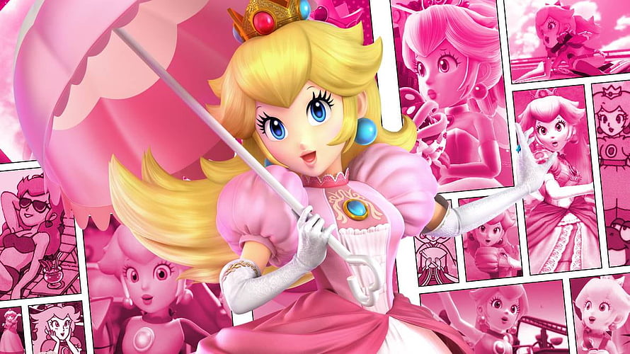 Princess Peach in Pink Dress Holding Parasol with Comic Panel Background HD wallpaper