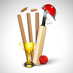 Cricket Equipment Set with Bat, Helmet, Stumps, and Trophy on White Background HD phone wallpaper
