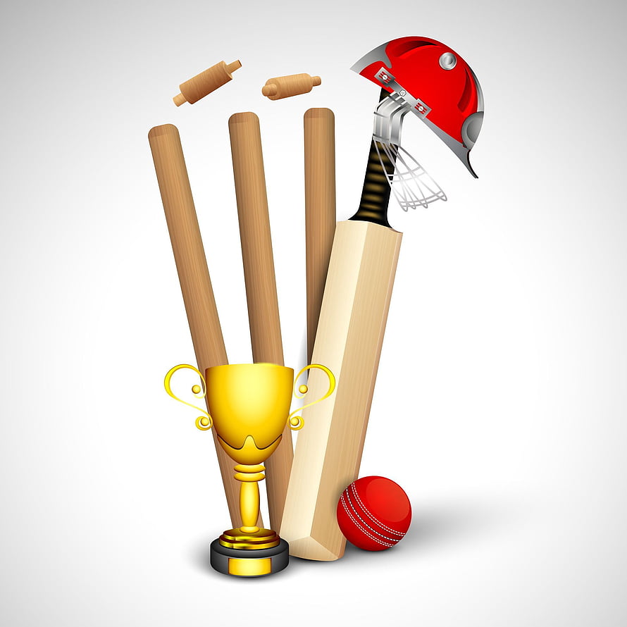 Cricket Equipment Set with Bat, Helmet, Stumps, and Trophy on White Background HD phone wallpaper