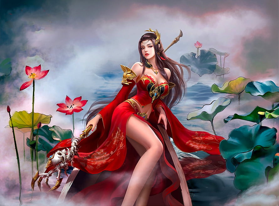 Elegant Fantasy Warrior Woman in Red Dress with Lotus Flowers, Girl and Flowers, digital, fantasy, art, , flowers, girl, woman HD wallpaper