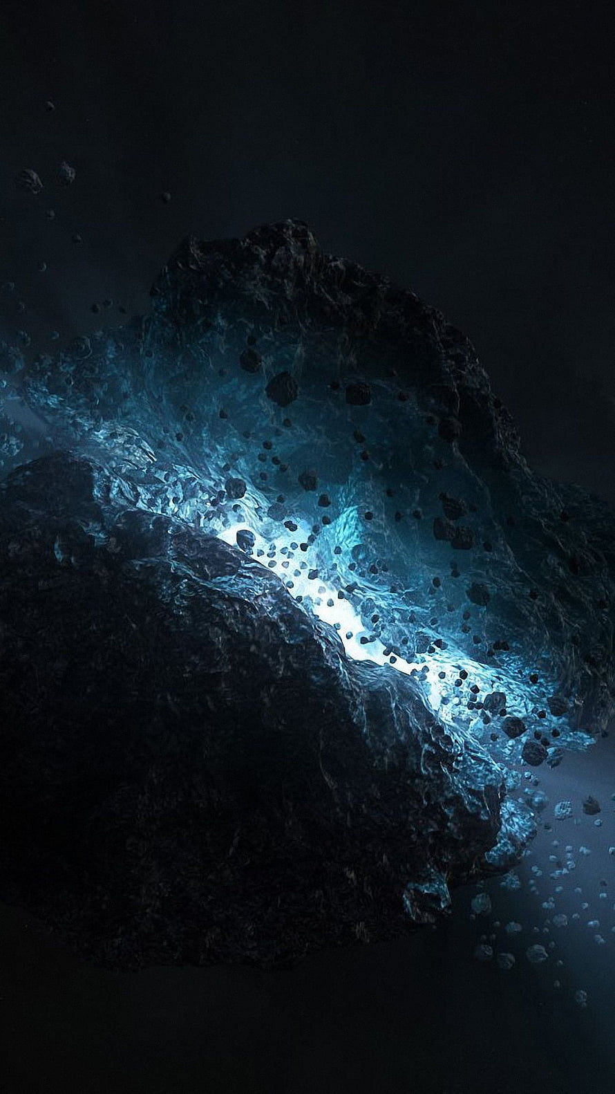 Dark Cosmic Rock Formation with Glowing Blue Energy Core and Floating Debris HD phone wallpaper