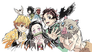 Demon Slayer Kawaii Style Group Illustration Featuring Tanjiro, Nezuko, Zenitsu, Inosuke, and Shinobu HD wallpaper
