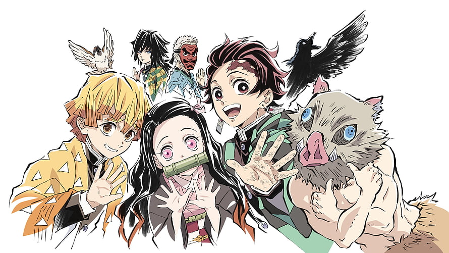 Demon Slayer Kawaii Style Group Illustration Featuring Tanjiro, Nezuko, Zenitsu, Inosuke, and Shinobu HD wallpaper