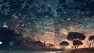 Anime Girl Sitting on Hillside at Dusk with Power Lines and Transmission Towers HD wallpaper