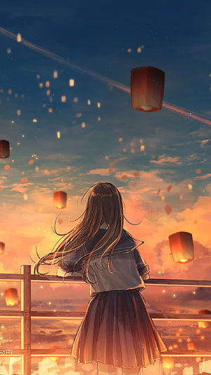 Anime Girl Watching Floating Lanterns at Sunset HD phone wallpaper