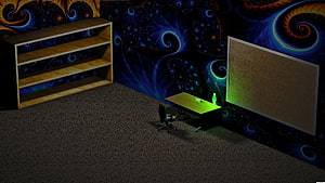 Virtual Office Room With Fractal Wallpaper And Glowing Green Desk HD wallpaper