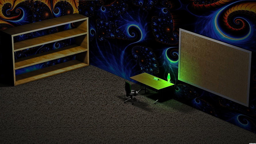 Virtual Office Room With Fractal Wallpaper And Glowing Green Desk HD wallpaper