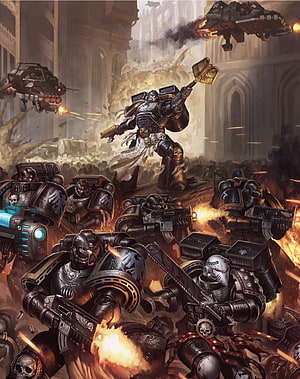 Warhammer 40k Space Marines in Heavy Combat with Power Weapons and Aerial Fire Support HD phone wallpaper