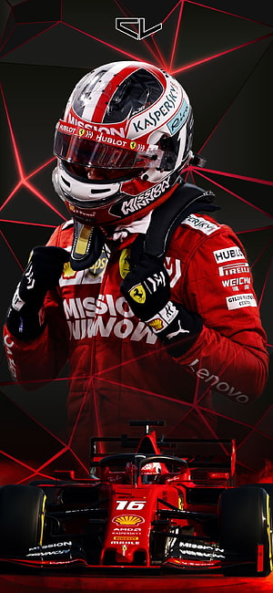 Charles Leclerc in Ferrari Racing Suit with F1 Car and Red Geometric Background HD phone wallpaper